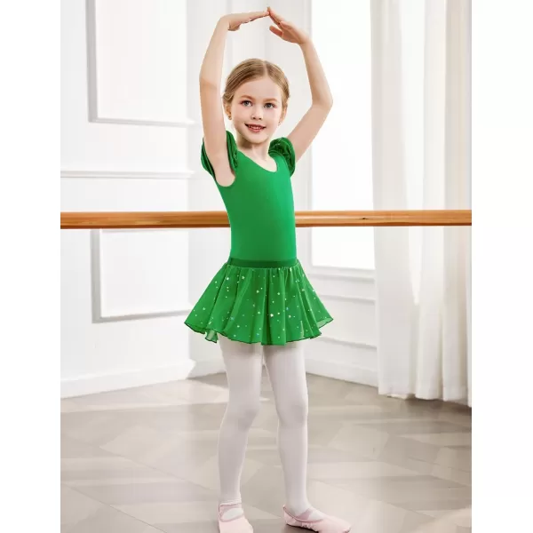 Zaclotre Girls Ballet Leotards with Removable High Low Skirt Toddler Ruffle Sleeve Hollow Back Dance Outfit ComboGreen