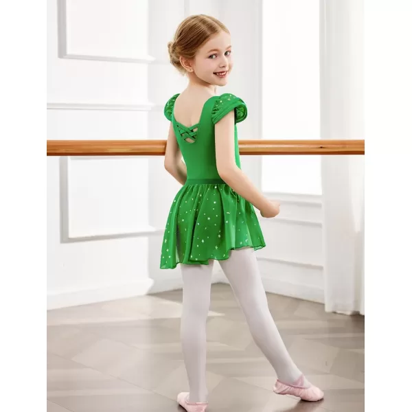 Zaclotre Girls Ballet Leotards with Removable High Low Skirt Toddler Ruffle Sleeve Hollow Back Dance Outfit ComboGreen