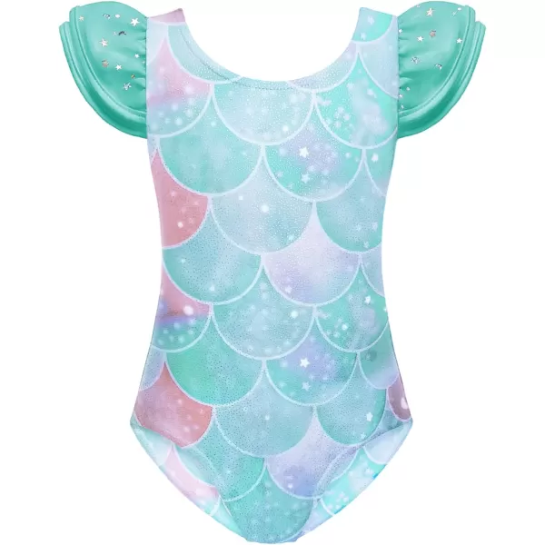 Zaclotre Girls Ballet Leotards with Removable High Low Skirt Toddler Ruffle Sleeve Hollow Back Dance Outfit ComboGreen Mermaid