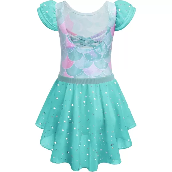 Zaclotre Girls Ballet Leotards with Removable High Low Skirt Toddler Ruffle Sleeve Hollow Back Dance Outfit ComboGreen Mermaid