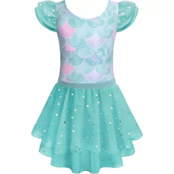 Zaclotre Girls Ballet Leotards with Removable High Low Skirt Toddler Ruffle Sleeve Hollow Back Dance Outfit ComboGreen Mermaid