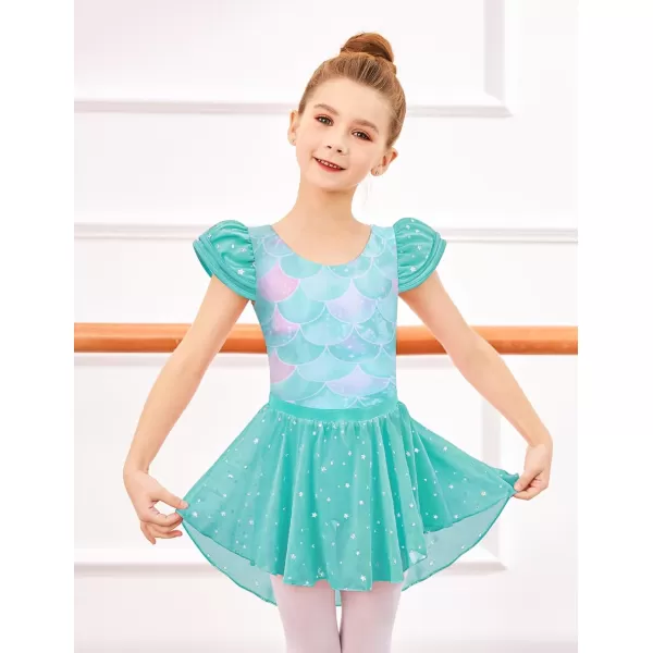 Zaclotre Girls Ballet Leotards with Removable High Low Skirt Toddler Ruffle Sleeve Hollow Back Dance Outfit ComboGreen Mermaid