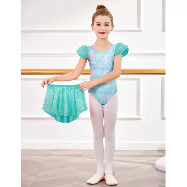 Zaclotre Girls Ballet Leotards with Removable High Low Skirt Toddler Ruffle Sleeve Hollow Back Dance Outfit ComboGreen Mermaid