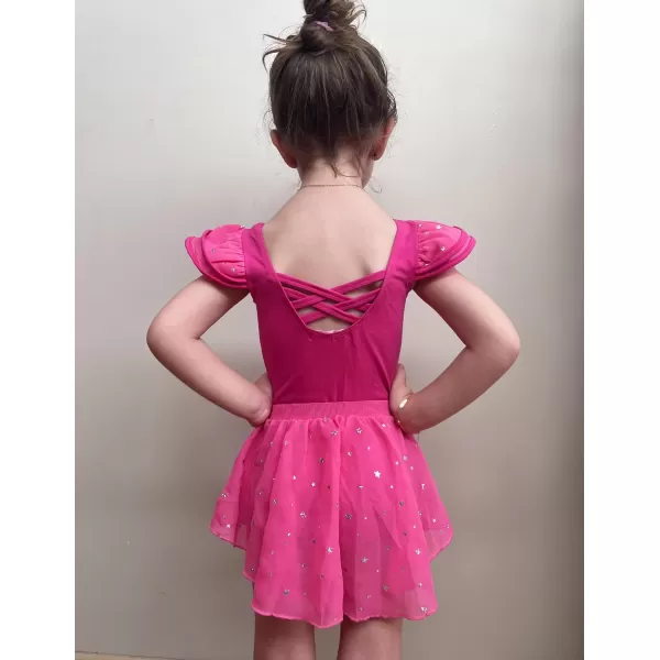 Zaclotre Girls Ballet Leotards with Removable High Low Skirt Toddler Ruffle Sleeve Hollow Back Dance Outfit ComboHot Pink