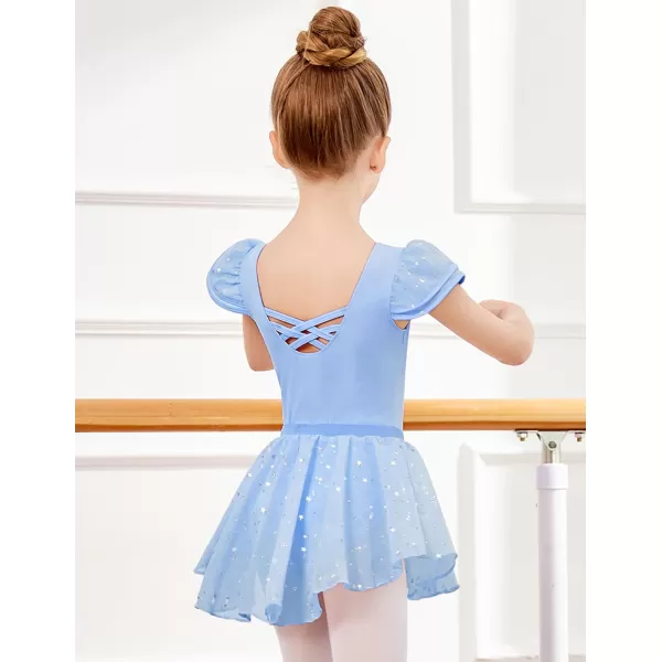 Zaclotre Girls Ballet Leotards with Removable High Low Skirt Toddler Ruffle Sleeve Hollow Back Dance Outfit ComboLight Blue
