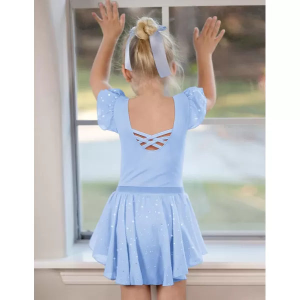 Zaclotre Girls Ballet Leotards with Removable High Low Skirt Toddler Ruffle Sleeve Hollow Back Dance Outfit ComboLight Blue