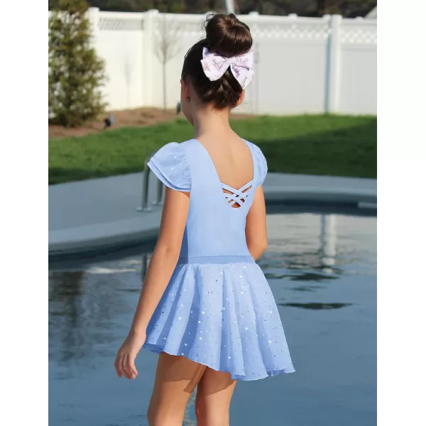 Zaclotre Girls Ballet Leotards with Removable High Low Skirt Toddler Ruffle Sleeve Hollow Back Dance Outfit ComboLight Blue