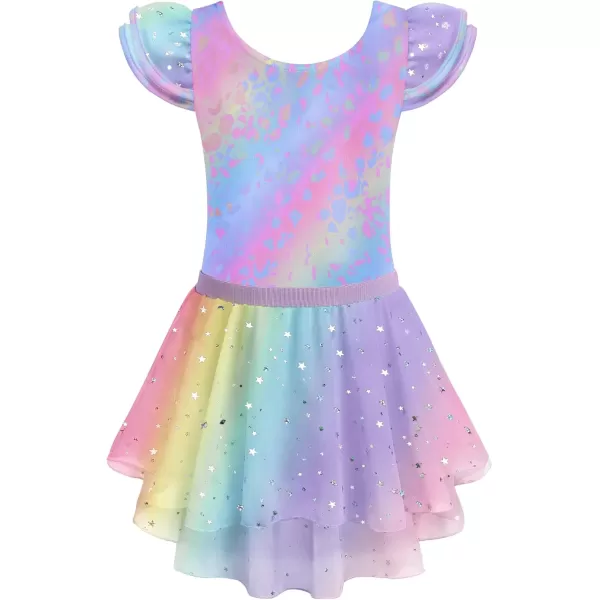 Zaclotre Girls Ballet Leotards with Removable High Low Skirt Toddler Ruffle Sleeve Hollow Back Dance Outfit ComboRainbow Leopard