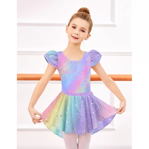 Zaclotre Girls Ballet Leotards with Removable High Low Skirt Toddler Ruffle Sleeve Hollow Back Dance Outfit ComboRainbow Leopard
