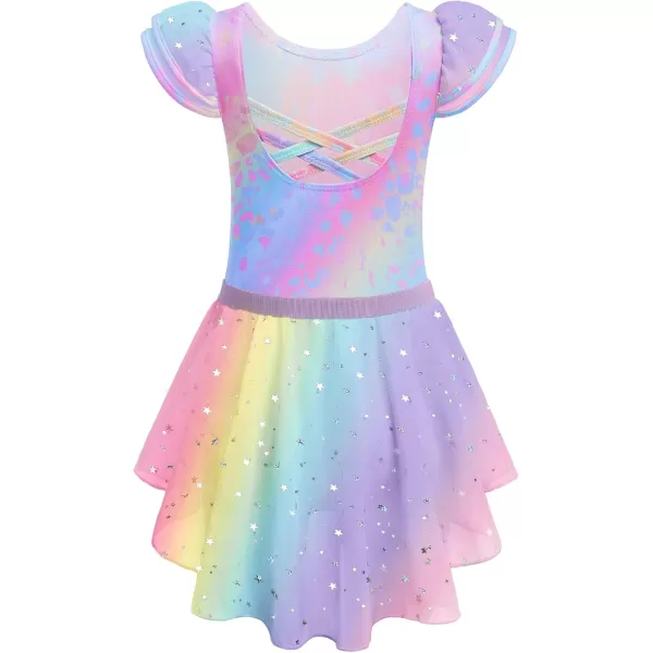 Zaclotre Girls Ballet Leotards with Removable High Low Skirt Toddler Ruffle Sleeve Hollow Back Dance Outfit ComboRainbow Leopard