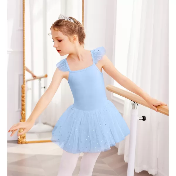 Zaclotre Girls Ballet Tutu Leotard Criss Cross Strap Back Flutter Sleeve Ballerina Outfit Sparkly Dance Dress for ToddlerLight Blue