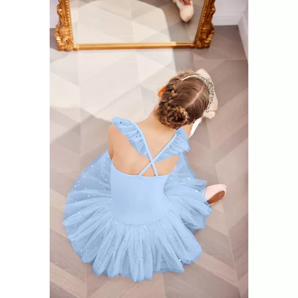 Zaclotre Girls Ballet Tutu Leotard Criss Cross Strap Back Flutter Sleeve Ballerina Outfit Sparkly Dance Dress for ToddlerLight Blue