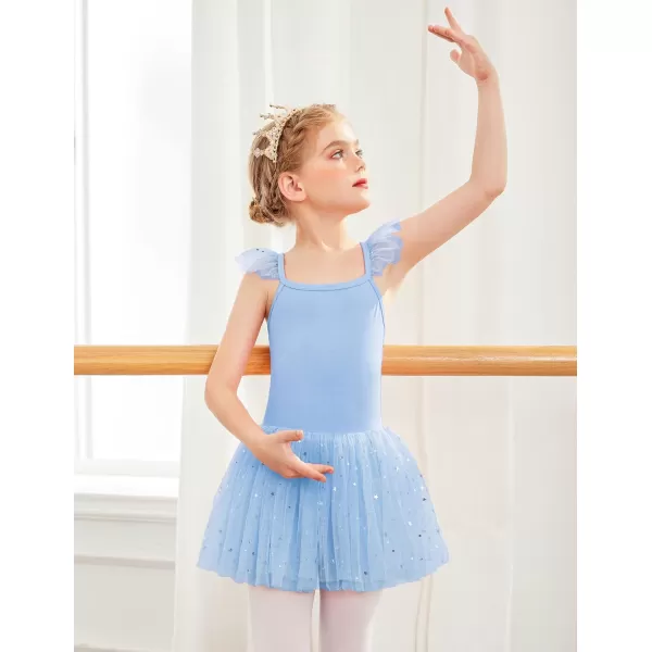 Zaclotre Girls Ballet Tutu Leotard Criss Cross Strap Back Flutter Sleeve Ballerina Outfit Sparkly Dance Dress for ToddlerLight Blue