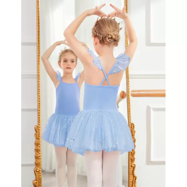 Zaclotre Girls Ballet Tutu Leotard Criss Cross Strap Back Flutter Sleeve Ballerina Outfit Sparkly Dance Dress for ToddlerLight Blue