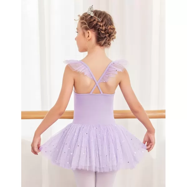 Zaclotre Girls Ballet Tutu Leotard Criss Cross Strap Back Flutter Sleeve Ballerina Outfit Sparkly Dance Dress for ToddlerLilac