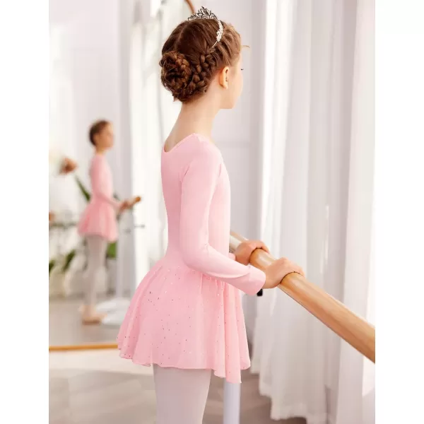Zaclotre Girls Long Sleeve Dance Dress Glitter Ballet Skirted Leotard Ballerina OutfitBallet Pink