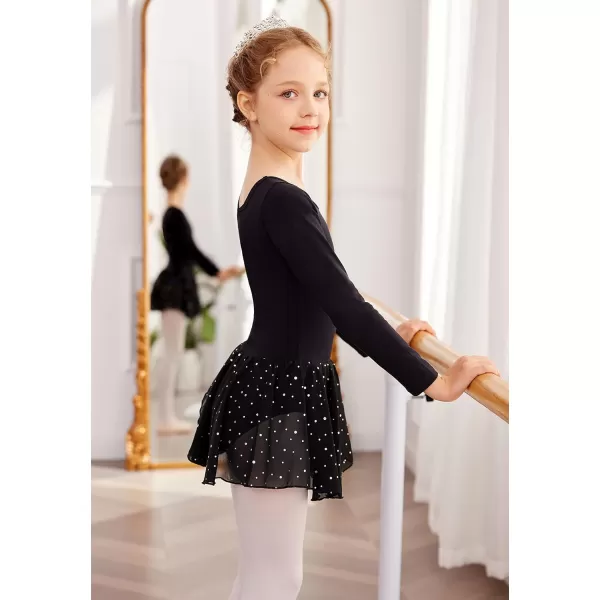 Zaclotre Girls Long Sleeve Dance Dress Glitter Ballet Skirted Leotard Ballerina OutfitBlack