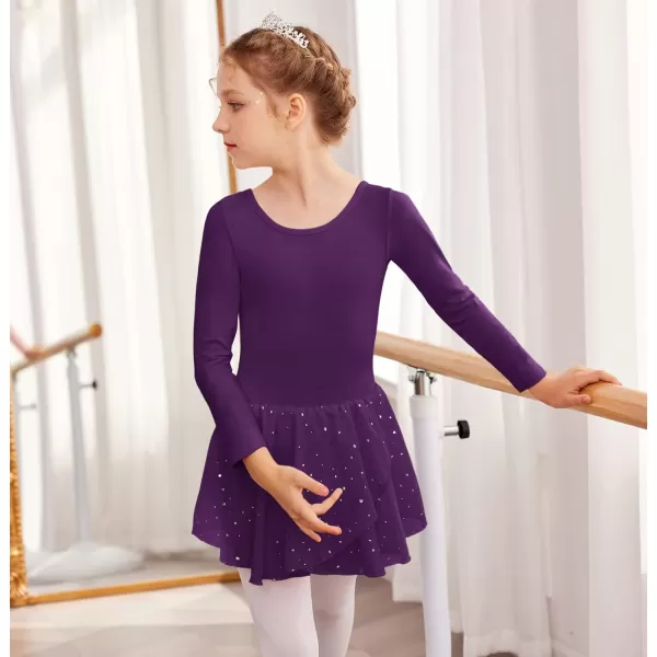 Zaclotre Girls Long Sleeve Dance Dress Glitter Ballet Skirted Leotard Ballerina OutfitDark Purple