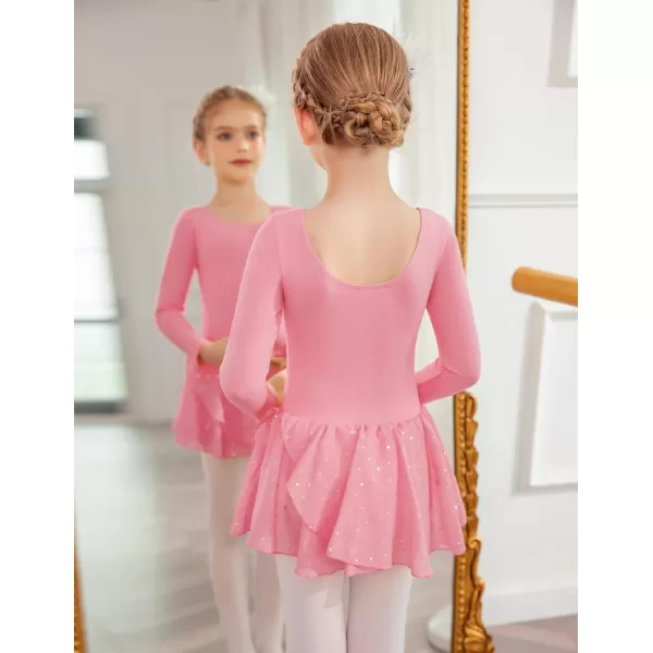 Zaclotre Girls Long Sleeve Dance Dress Glitter Ballet Skirted Leotard Ballerina OutfitPink