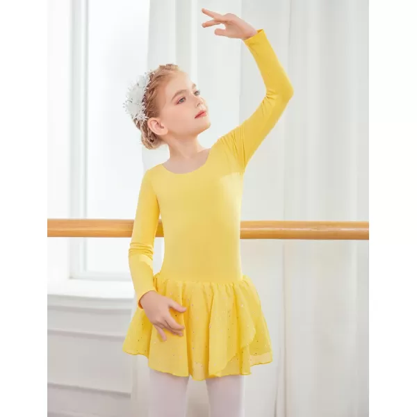 Zaclotre Girls Long Sleeve Dance Dress Glitter Ballet Skirted Leotard Ballerina OutfitYellow