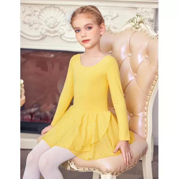 Zaclotre Girls Long Sleeve Dance Dress Glitter Ballet Skirted Leotard Ballerina OutfitYellow