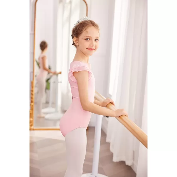 Zaclotre Girls Shiny Ruffle Sleeve Ballet Leotard for Dance Gymnastics Hollow Bow Back Leotards for KidsBallet Pink