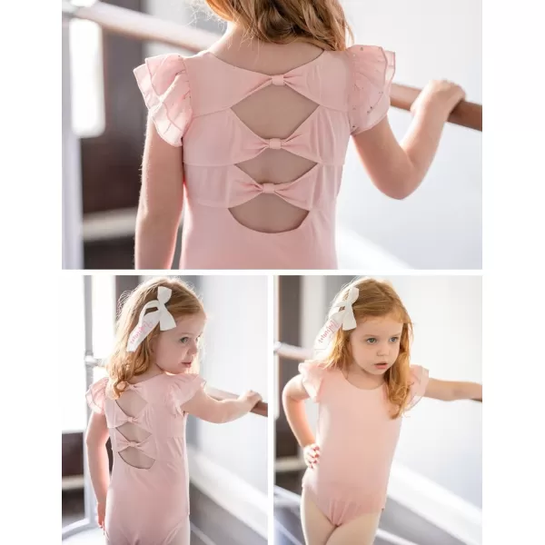 Zaclotre Girls Shiny Ruffle Sleeve Ballet Leotard for Dance Gymnastics Hollow Bow Back Leotards for KidsBallet Pink