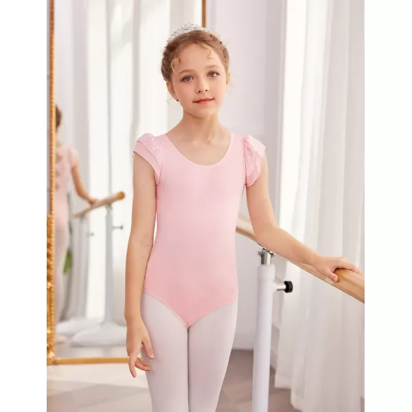 Zaclotre Girls Shiny Ruffle Sleeve Ballet Leotard for Dance Gymnastics Hollow Bow Back Leotards for KidsBallet Pink
