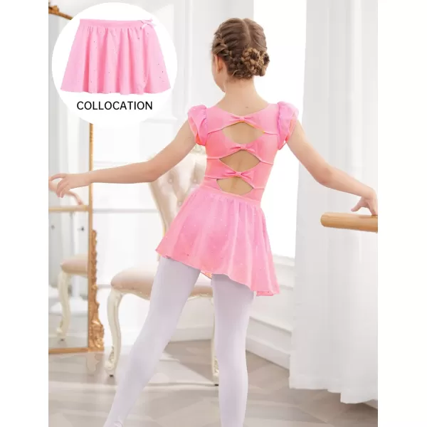 Zaclotre Girls Shiny Ruffle Sleeve Ballet Leotard for Dance Gymnastics Hollow Bow Back Leotards for KidsDark Pink