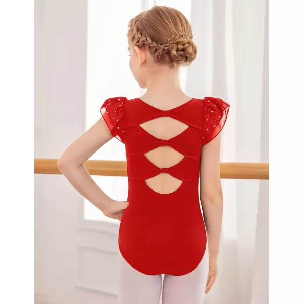 Zaclotre Girls Shiny Ruffle Sleeve Ballet Leotard for Dance Gymnastics Hollow Bow Back Leotards for KidsRed