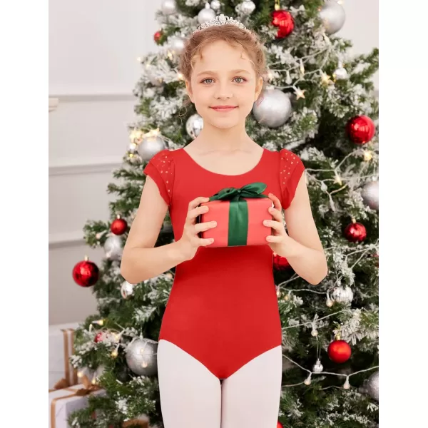 Zaclotre Girls Shiny Ruffle Sleeve Ballet Leotard for Dance Gymnastics Hollow Bow Back Leotards for KidsRed
