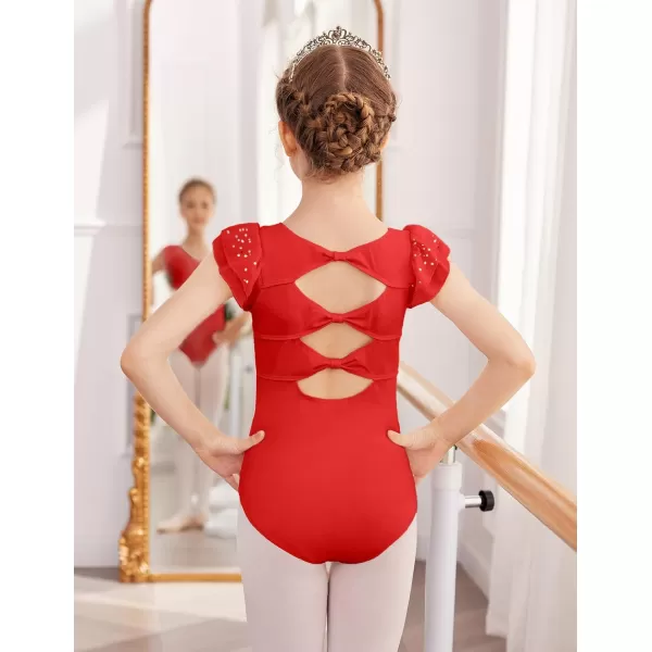 Zaclotre Girls Shiny Ruffle Sleeve Ballet Leotard for Dance Gymnastics Hollow Bow Back Leotards for KidsRed