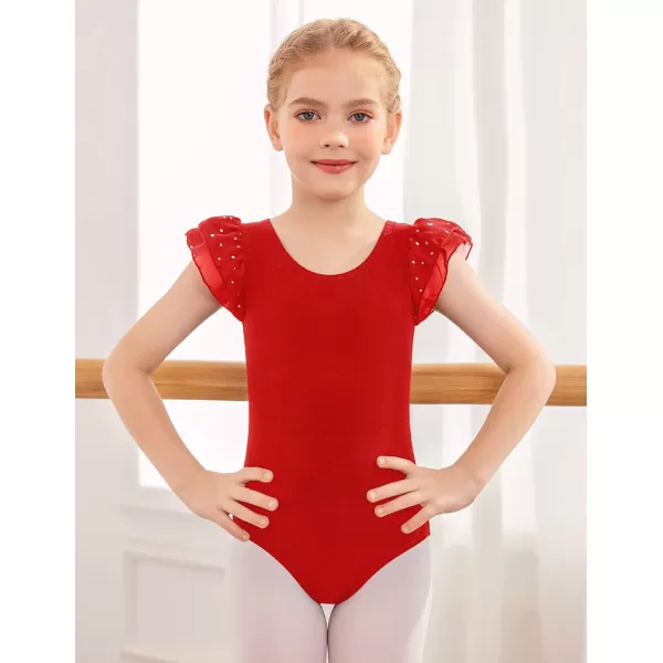 Zaclotre Girls Shiny Ruffle Sleeve Ballet Leotard for Dance Gymnastics Hollow Bow Back Leotards for KidsRed