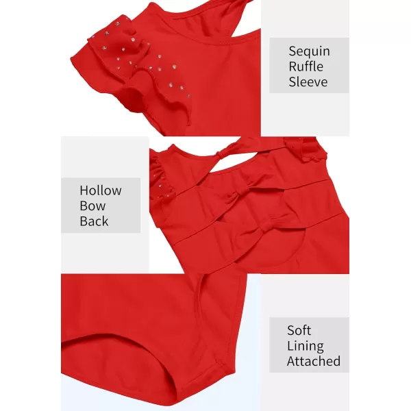 Zaclotre Girls Shiny Ruffle Sleeve Ballet Leotard for Dance Gymnastics Hollow Bow Back Leotards for KidsRed