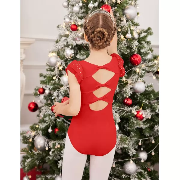 Zaclotre Girls Shiny Ruffle Sleeve Ballet Leotard for Dance Gymnastics Hollow Bow Back Leotards for KidsRed