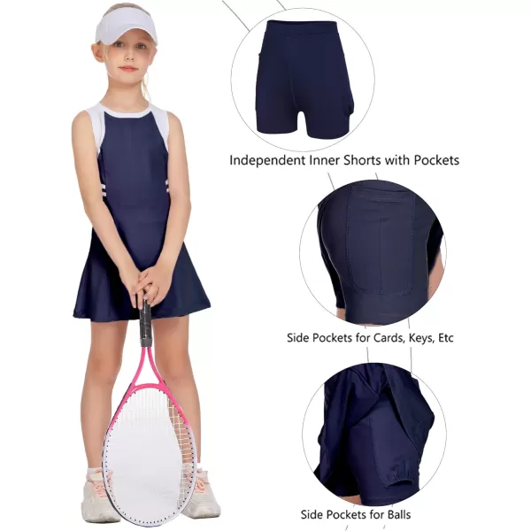 Zaclotre Girls Tennis Dress Cute Golf Outfit Sleeveless Workout Athletic Dresses with Shorts Pockets1navy Blue