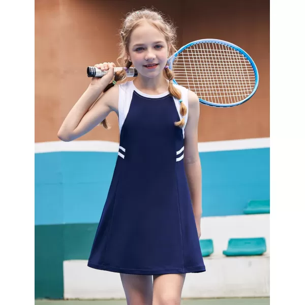 Zaclotre Girls Tennis Dress Cute Golf Outfit Sleeveless Workout Athletic Dresses with Shorts Pockets1navy Blue