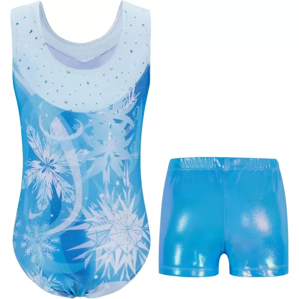 Zaclotre Gymnastics Leotards for Girls Sparkly Ballet Dance Biketards Tumbling Outfit with Matching Shorts SetSnowflake Blue