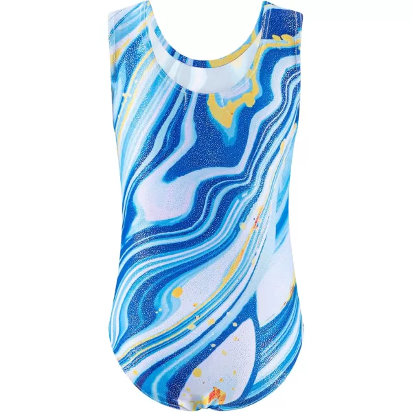 Zaclotre Gymnastics Leotards for Girls Sparkly Sleeveless Dance Unitards Biketards with Gym ShortsBlueYellow Marble