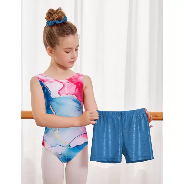 Zaclotre Gymnastics Leotards for Girls Sparkly Sleeveless Dance Unitards Biketards with Gym ShortsPinkBlue Marble