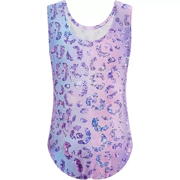 Zaclotre Gymnastics Leotards for Girls Sparkly Sleeveless Dance Unitards Biketards with Gym ShortsPurple Gradient Leopard
