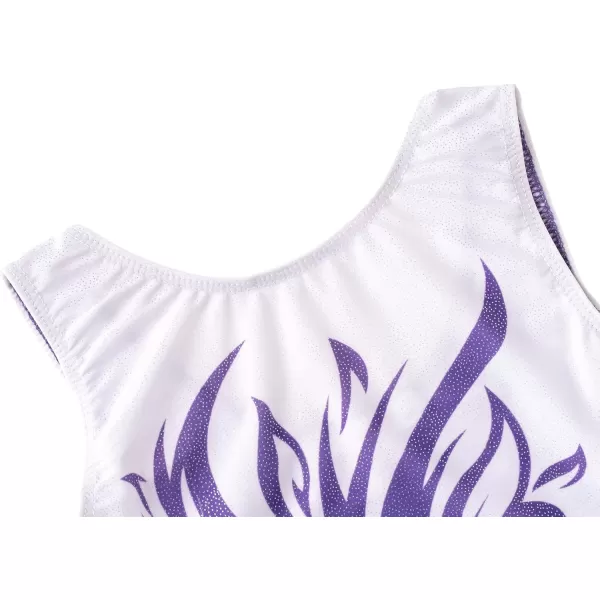 Zaclotre Gymnastics Leotards for Girls Sparkly Sleeveless Dance Unitards Biketards with Gym ShortsWhite Purple Flame