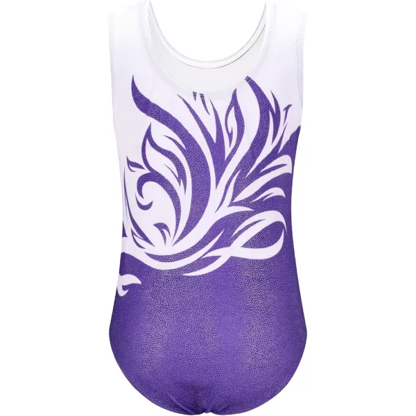Zaclotre Gymnastics Leotards for Girls Sparkly Sleeveless Dance Unitards Biketards with Gym ShortsWhite Purple Flame