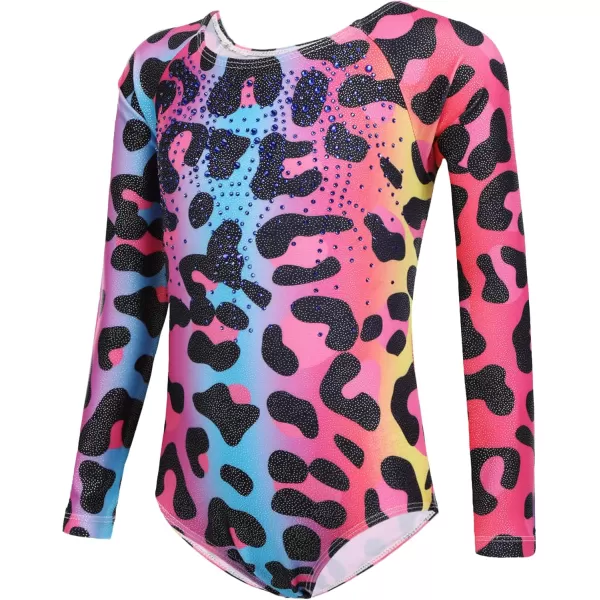 Zaclotre Kid Girls Gymnastic Leotard Long Sleeve Color Gradient Sparkly Ballet Dance One Piece OutfitColorful Leopard