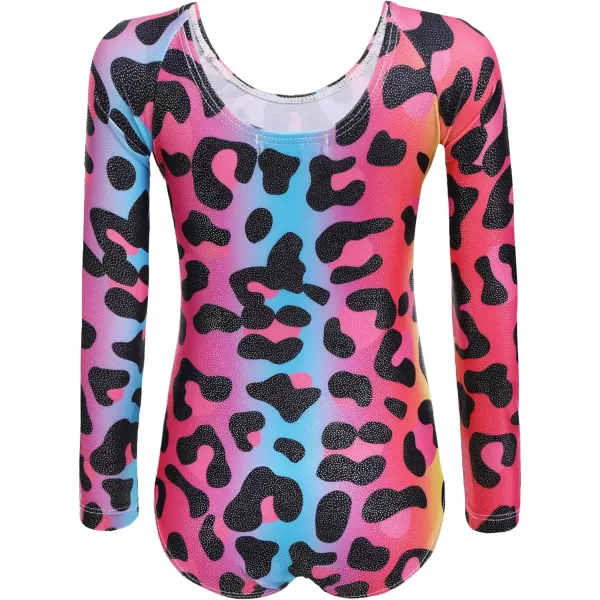 Zaclotre Kid Girls Gymnastic Leotard Long Sleeve Color Gradient Sparkly Ballet Dance One Piece OutfitColorful Leopard