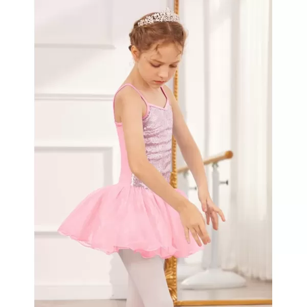 Zaclotre Little Girls Sequin Leotard Sparkly Strap Ballet Leotards Tutu Dress Ballerina Outfit Dance Costume for KidsBallet Pink