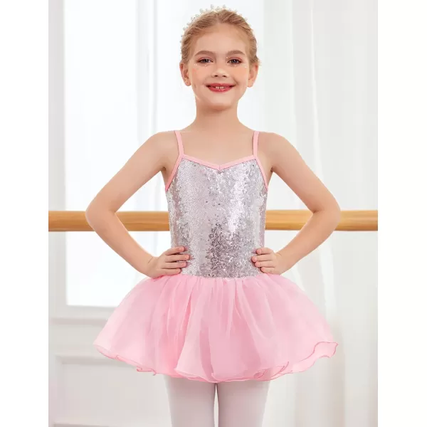 Zaclotre Little Girls Sequin Leotard Sparkly Strap Ballet Leotards Tutu Dress Ballerina Outfit Dance Costume for KidsBallet Pink