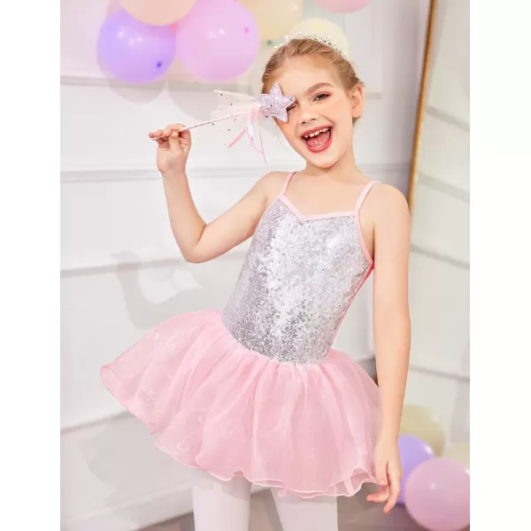 Zaclotre Little Girls Sequin Leotard Sparkly Strap Ballet Leotards Tutu Dress Ballerina Outfit Dance Costume for KidsBallet Pink