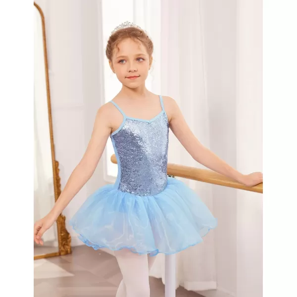 Zaclotre Little Girls Sequin Leotard Sparkly Strap Ballet Leotards Tutu Dress Ballerina Outfit Dance Costume for KidsBlue