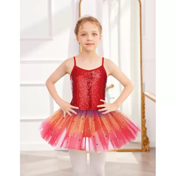 Zaclotre Little Girls Sequin Leotard Sparkly Strap Ballet Leotards Tutu Dress Ballerina Outfit Dance Costume for KidsChristmas Red